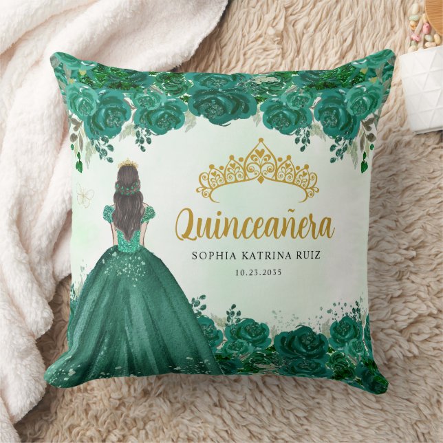 Floral Emerald Green Princess Tiara Quinceanera  Throw Pillow (Blanket)