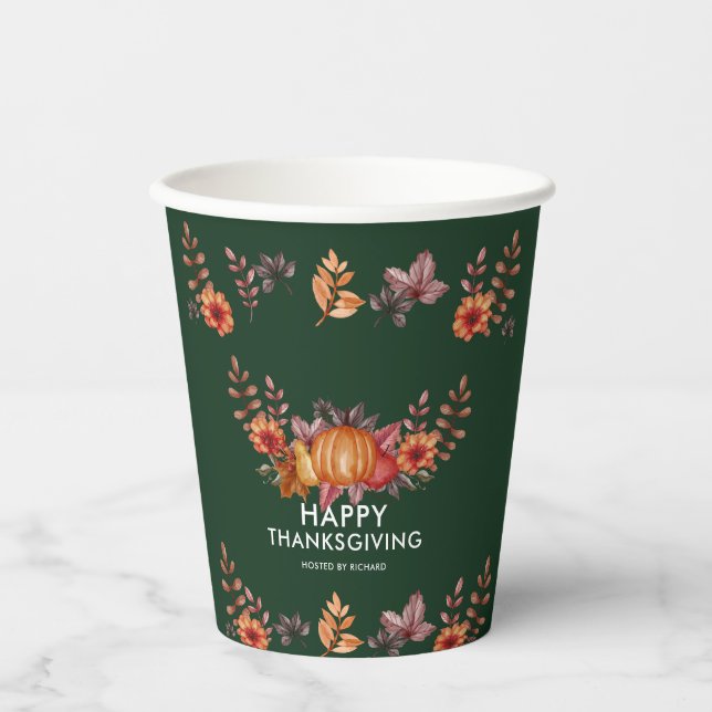 Floral Emerald Green Thanksgiving Dinner Paper Cups (Front)