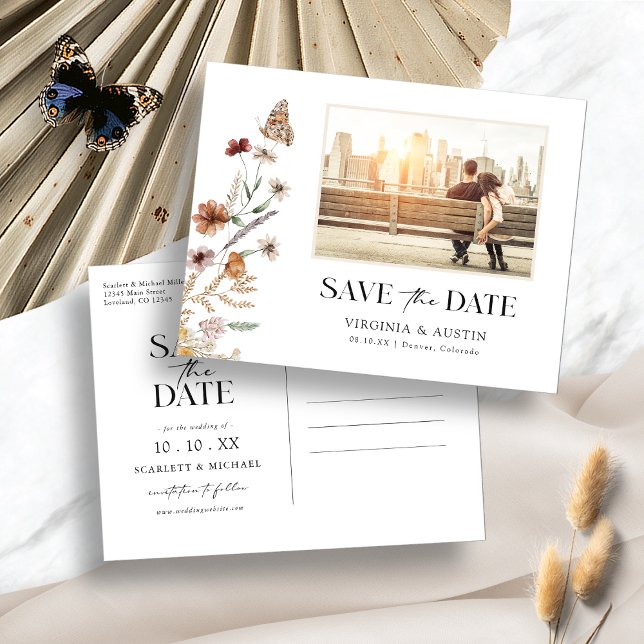 Floral Enregistrer La Carte Postale Date (Floral White Boho Save The Date Postcard with Butterfly by Painted Paperie
)