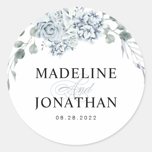 Floral Eucalyptus Dusty Blue Calligraphy Wedding Classic Round Sticker (Front)