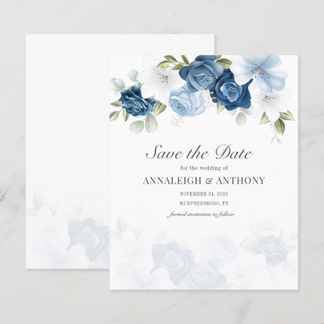 Floral Eucalyptus Dusty Blue Save The Date (Front/Back)