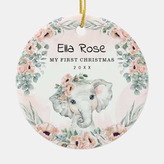 Floral Eucalyptus Elephant Baby First Christmas Ceramic Ornament (Front)
