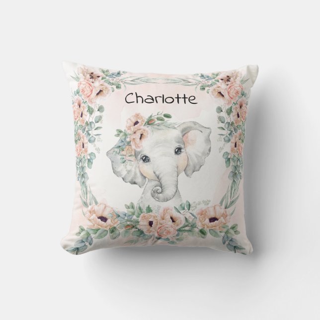 Floral Eucalyptus Elephant Baby Girl Nursery Throw Pillow (Front)