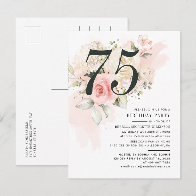 Floral Eucalyptus Foliage Pink 75th Birthday Party Invitation Postcard (Front/Back)
