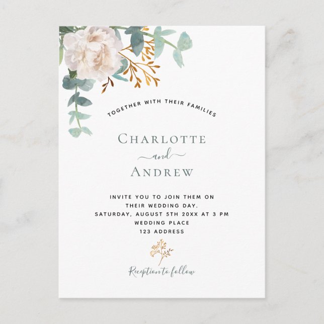 Floral eucalyptus greenery elegant modern wedding postcard (Front)