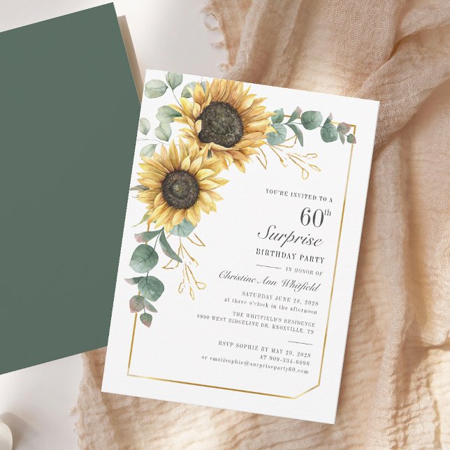 Floral Eucalyptus Sunflower 60th Birthday Party Invitation (Floral Sunflower Eucalyptus Script 60th Birthday Party Invitation)