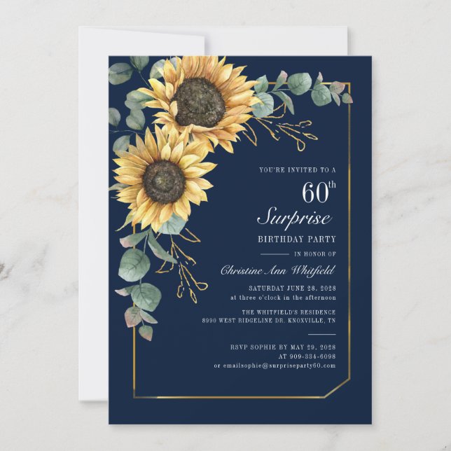 Floral Eucalyptus Sunflower Script 60th Birthday Invitation (Front)