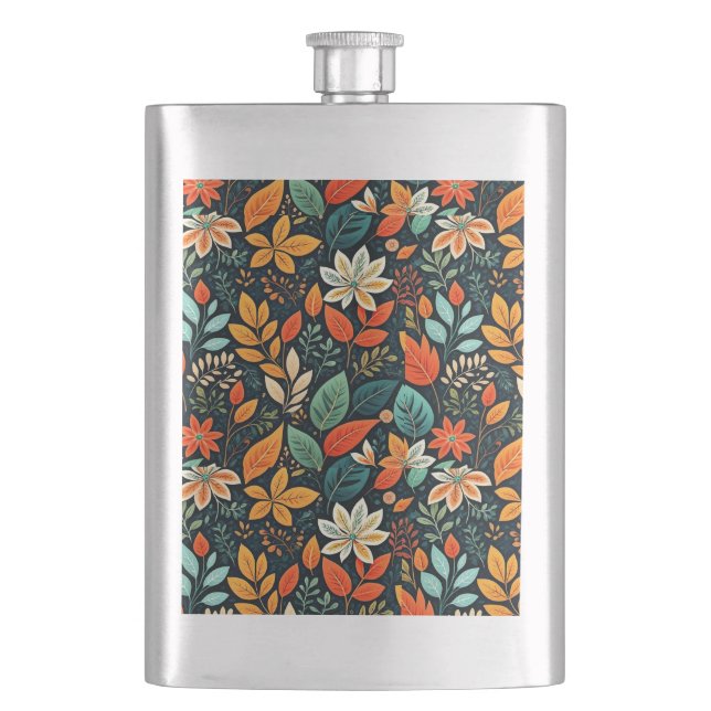 Floral Exotic Flowers Pattern Hip Flask (Front)