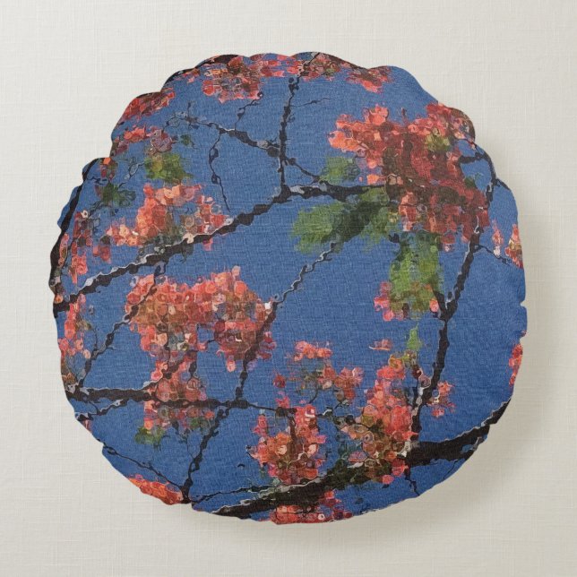 Floral Fabric, Blue Round Pillow (Front)