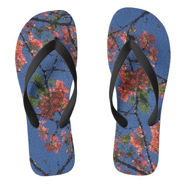 Floral Fabric Blue, wide black, Flip Flops (Footbed)