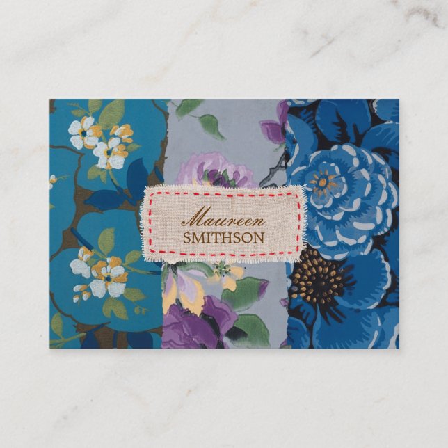 Floral Fabric Patchwork (Blue) Personalized Business Card (Front)