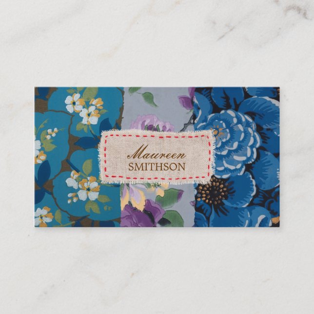 Floral Fabric Patchwork (Blue) Personalized Business Card (Front)