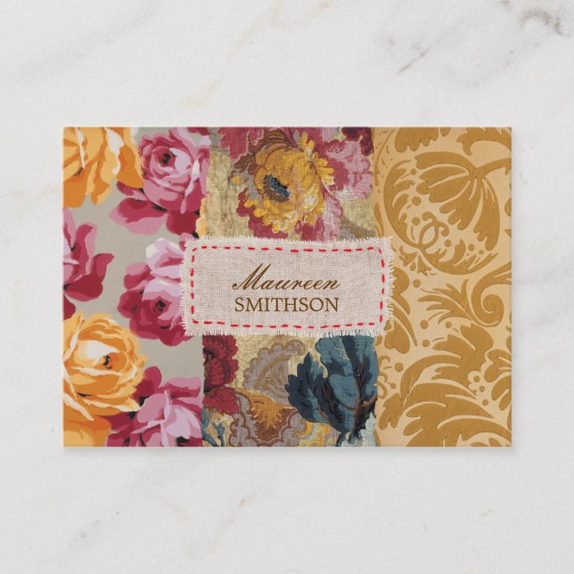 Floral Fabric Patchwork (Gold) Personalized Business Card (Front)