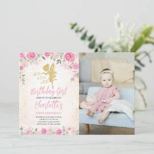 Floral Fairy Birthday Gold Glitter Photo Invitation