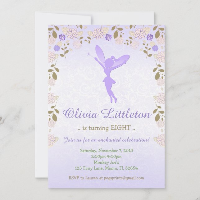 Floral Fairy Birthday Invitation - Purple Fairy (Front)