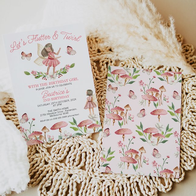 Floral Fairy Butterfly 1st Birthday  Invitation (Fairies Birthday Invitation, Lets Flutter and Twirl Fairy 1st Birthday Invitation, Fairy Party)