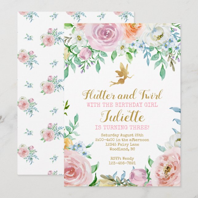 Floral Fairy Party Invitation, Fairy Invitation (Front/Back)
