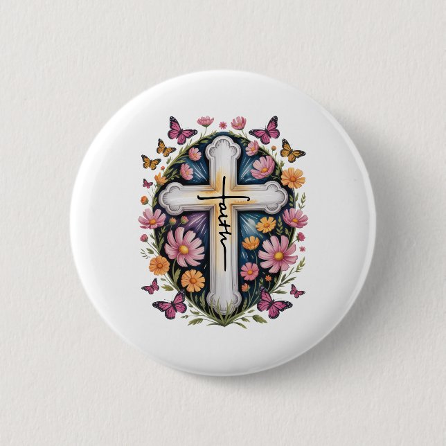 Floral Faith Cross  2 Inch Round Button (Front)