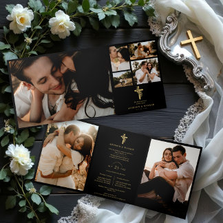 Floral Faith Cross Black Trendy Stylish Collage Tri-Fold Invitation