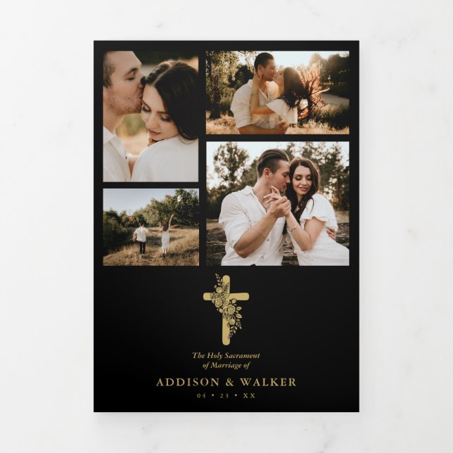Floral Faith Cross Black Trendy Stylish Collage Tri-Fold Invitation (Cover)