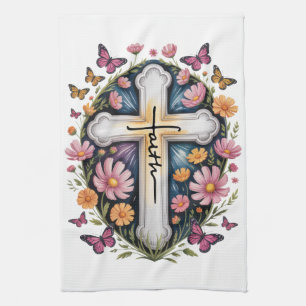 Floral Faith Cross Kitchen Towel