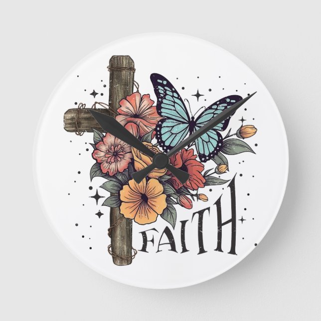 Floral Faith Cross Round Clock (Front)