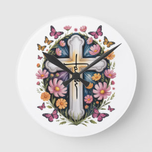 Floral Faith Cross Round Clock