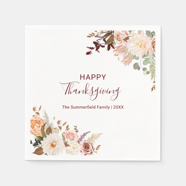 Floral Fall Botanical Happy Thanksgiving Paper Napkin (Front)