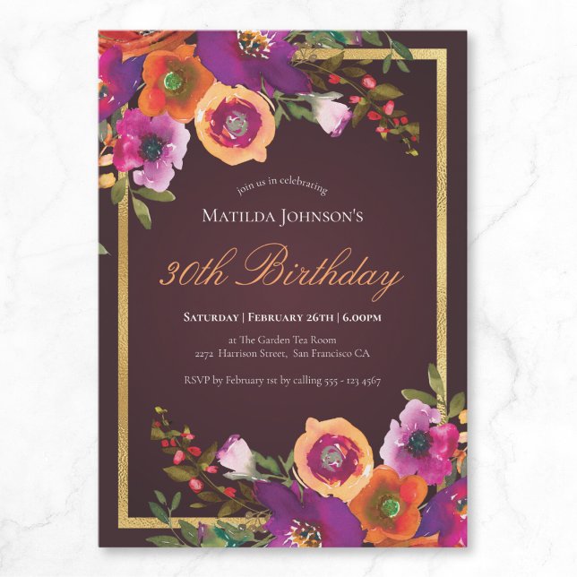 Floral Fall Burgundy 30th Birthday Party Invitation (Floral Fall Burgundy 30th Birthday Party Invitation)