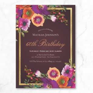 Floral Fall Burgundy 60th Birthday Party Invitation