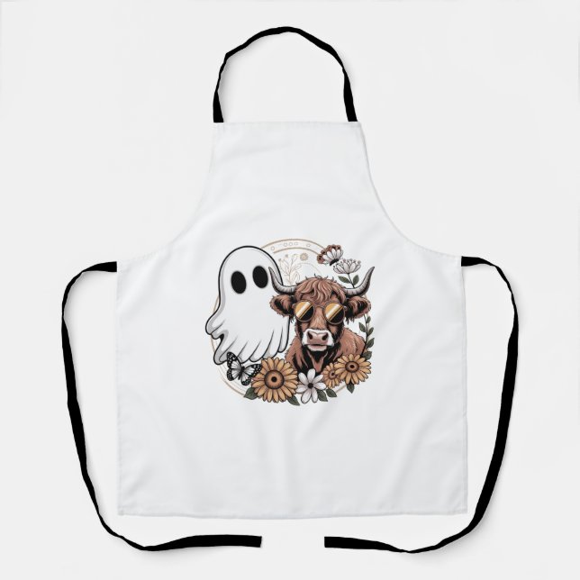 Floral Fall Highland Cow Ghost Apron (Front)