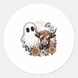 Floral Fall Highland Cow Ghost Classic Round Sticker