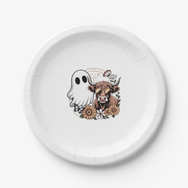 Floral Fall Highland Cow Ghost Paper Plate (Front)