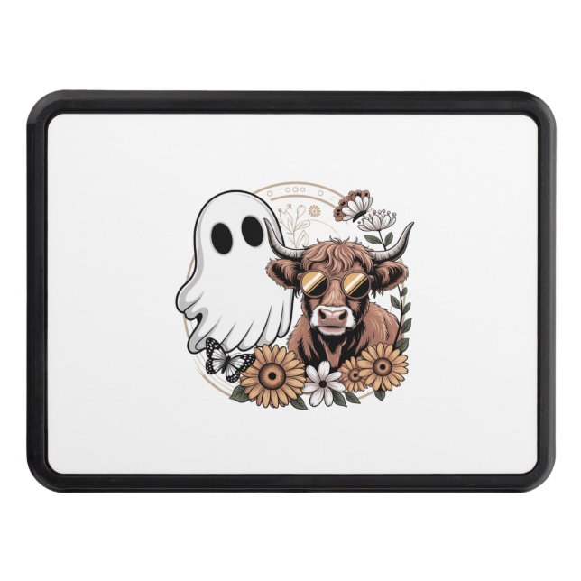 Floral Fall Highland Cow Ghost Trailer Hitch Cover (Front)