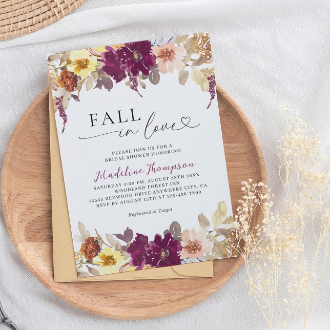 Floral Fall in Love Heart Script Bridal Shower Invitation (Creator Uploaded)