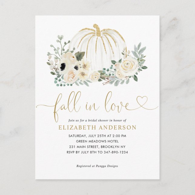 Floral Fall in Love White Pumpkin Bridal Shower Postcard (Front)