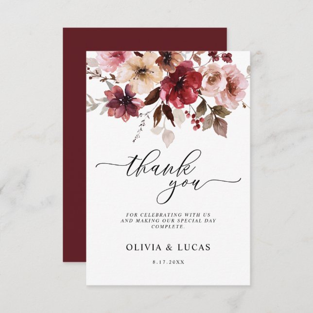 Floral Fall Maroon Rustic Fall Leaves Wedding Thank You Card (Front/Back)