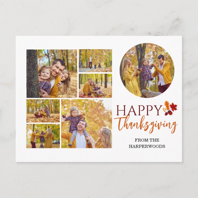 Floral Fall Modern Happy thanksgiving family photo Holiday Postcard (Front)