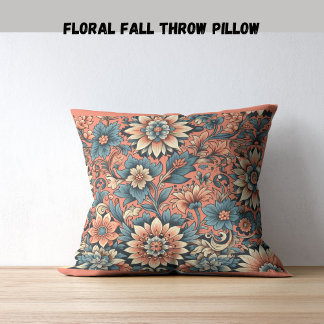 Floral fall peach & blue bloom throw pillow