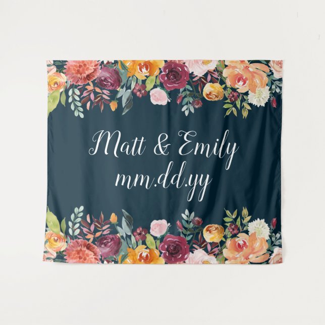 Floral Fall Photo Booth Prop Navy Wedding Backdrop Tapestry (Front (Horizontal))