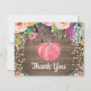 Floral Fall Pumpkin Burlap Pink Gold Glitter Thank You Card