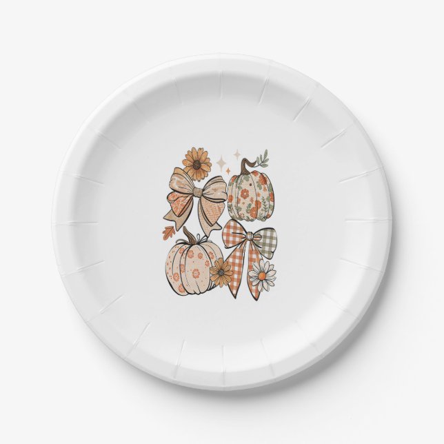 Floral Fall Pumpkin Coquette Boho Fall Bow Paper Plate (Front)
