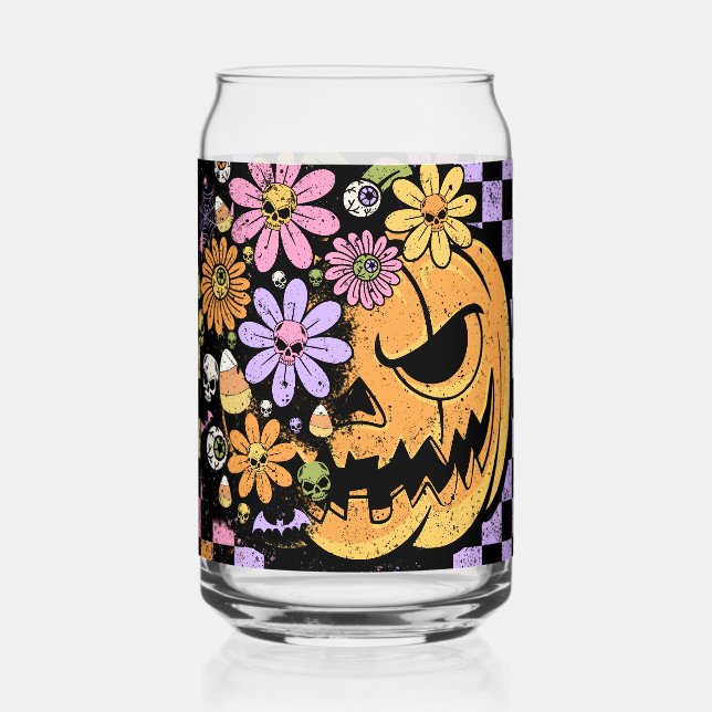 Floral Fall Pumpkin Halloween Can Glass (Front)
