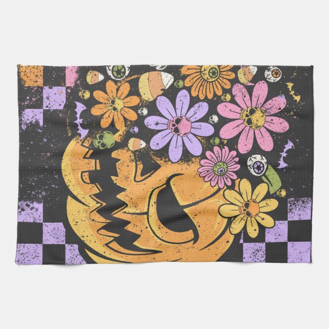 Floral Fall Pumpkin Halloween Kitchen Towel (Horizontal)