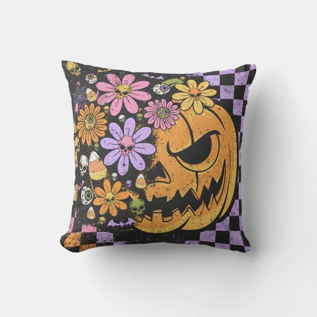 Floral Fall Pumpkin Halloween Throw Pillow (Front)
