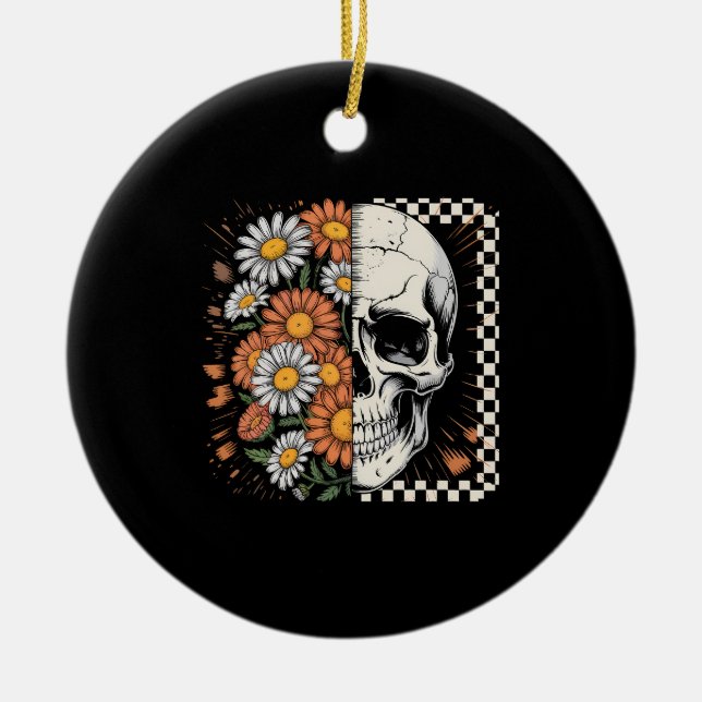 Floral Fall Skeleton Boho Halloween Ceramic Ornament (Front)