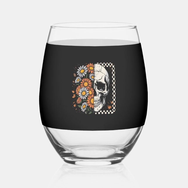 Floral Fall Skeleton Boho Halloween Stemless Wine Glass (Front)