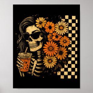 Floral Fall Skeleton Coffee Mom Halloween Retro Poster
