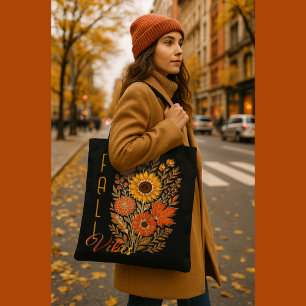 Floral Fall Vibes-Gold Outlined Modern Typography Tote Bag