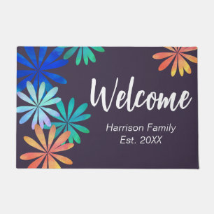 Floral Family Name Established Dark Welcome Doormat